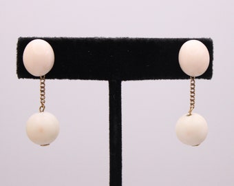 Vintage 14K Gold Angel Skin Coral Drop Earrings: Retro Ball Dangle