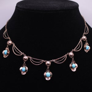 Elegant 15&quot; Antique Victorian 10K Rose Gold Festoon Necklace with Persian Turquoise Cabachons