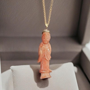 Antique Carved Natural Angel Skin Coral Geisha Pendant with 14K Gold Bail