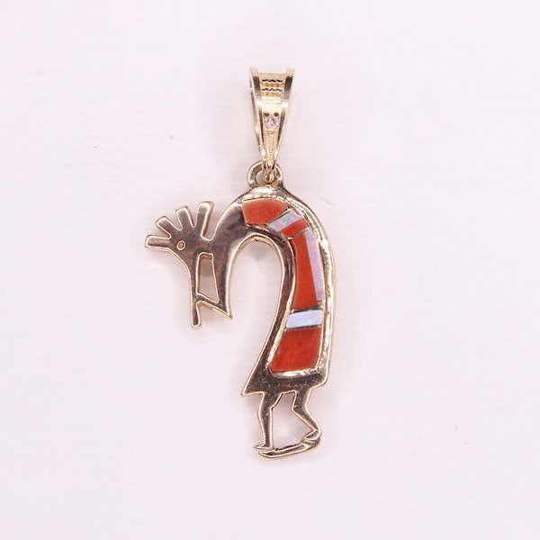 Vintage Navajo Calvin Begay Opal and Coral Inlay 14K Yellow Gold Kokopelli Pendant