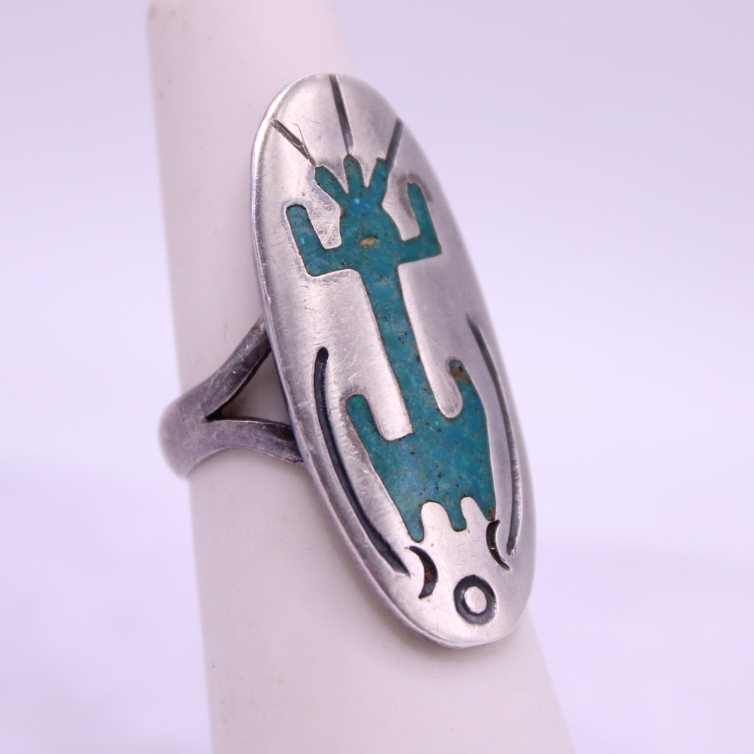 Turquoise Inlay Sign Vintage Navajo Turquoise Inlay Sterling Silver Ring Size 5-3/4 Old Pawn ...