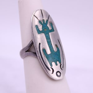 Vintage Navajo Turquoise Inlay Sterling Silver Ring Size 5-3/4 Old Pawn Southwest Jewelry