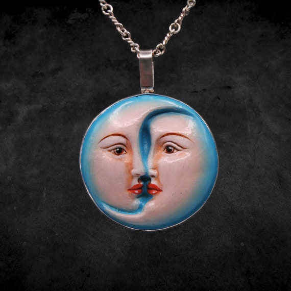 Vintage Sergio Bustamante Painted Moon Face Sterling Silver Pendant Necklace Etsy