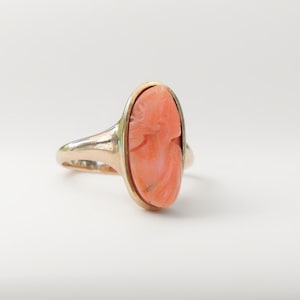 Vintage 14K Gold Angel Skin Coral Cameo Ring: Hayner Mid-Century Design, Size 5.5