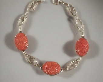 Antique Art Deco 14K Yellow Gold Carved Undyed Momo Coral Link Bracelet 7”