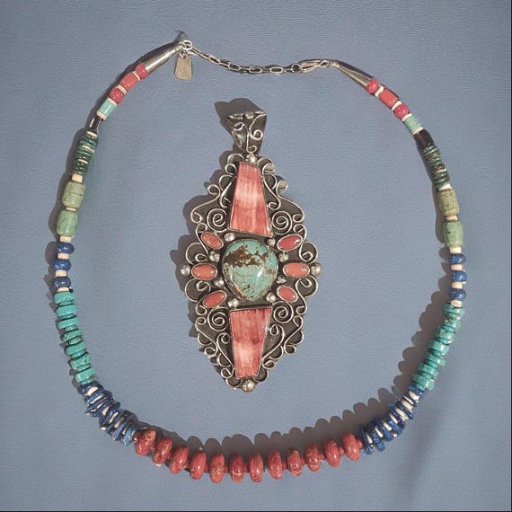 Authentic Singer Huge Native American Navajo Coral Sterling Silver Turquoise Necklace Authentic Singer Huge Native American Navajo Coral Sterling Silver Turquoise Necklace