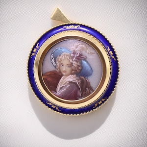 Vintage Corletto 18k Gold Enamel Portrait Brooch Pendant with Diamonds