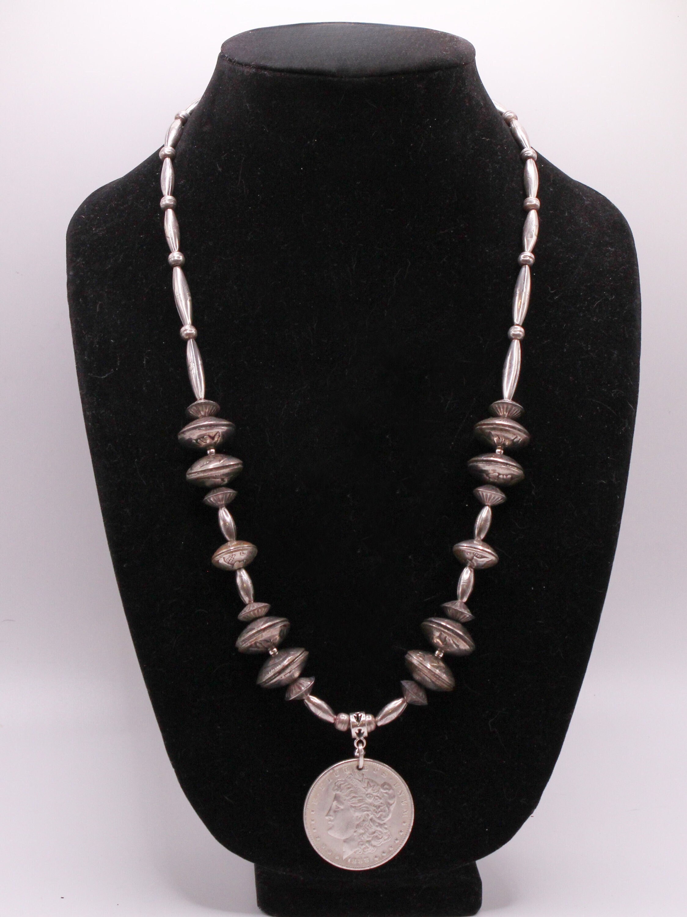 Hand Tooled Vintage Native American Navajo Sterling Silver Hogan Torpedo Bead Necklace Hand Tooled Vintage Native American Navajo Sterling Silver Hogan Torpedo Bead Necklace