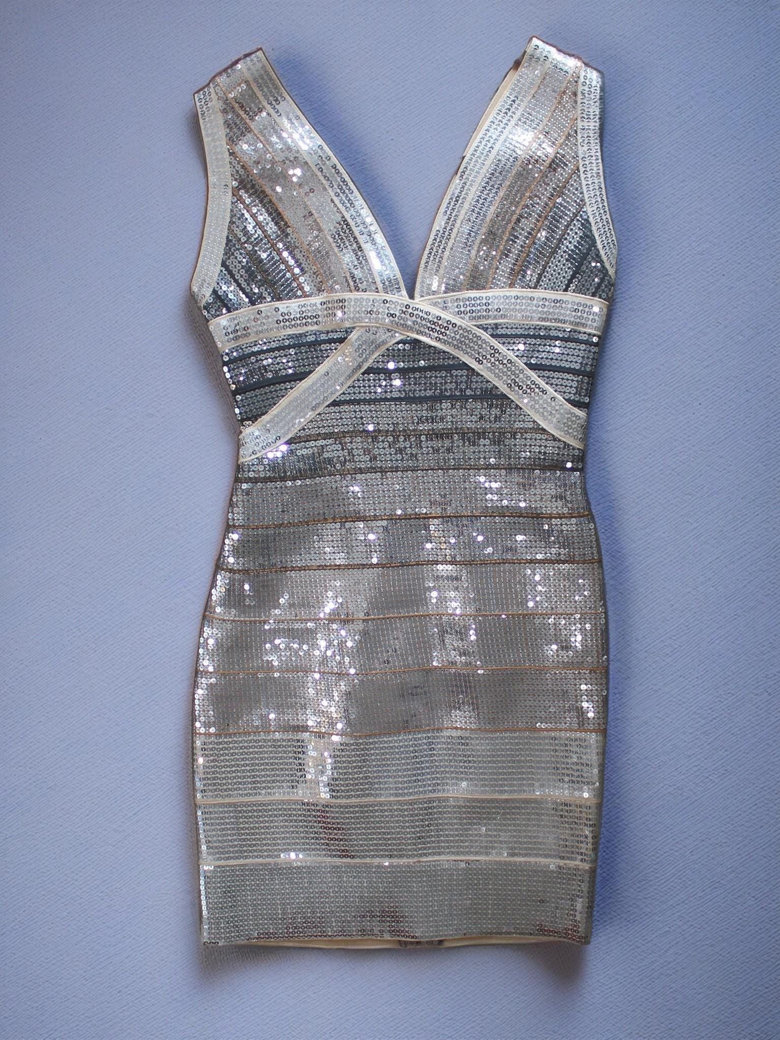 Herve Leger V-Neck Silver Designer Sequined Bandage Dress Size M