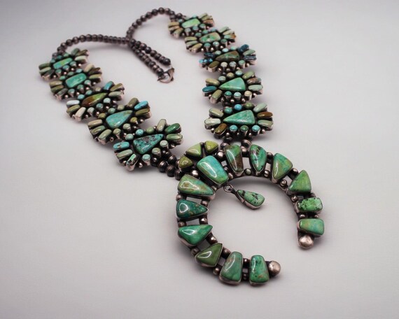 Native American Colossal Navajo Carico Lake Turquoise Sterling Silver Squash Blossom Necklace Native American Colossal Navajo Carico Lake Turquoise Sterling Silver Squash Blossom Necklace