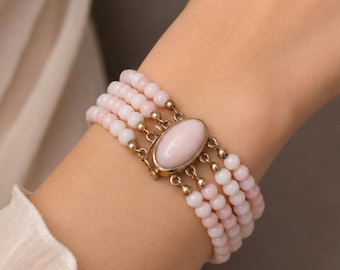Vintage 18K Gold Pink Coral Bracelet, 5 Strand Angel Skin Coral Bead Bracelet, 30.3g Fine Coral Jewelry
