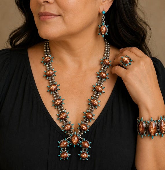 Zuni Sterling Silver Turtle Squash Blossom Jewelry Suite Ernest A Zunie Necklace Cuff Ring Earrings
