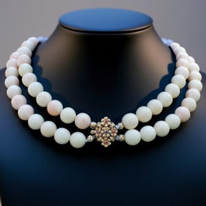 Pode incluir: Um colar de duas voltas com grandes contas redondas brancas. O colar é preso com um fecho ornamentado com pequenas pedras preciosas coloridas. O colar é exibido em um manequim preto.