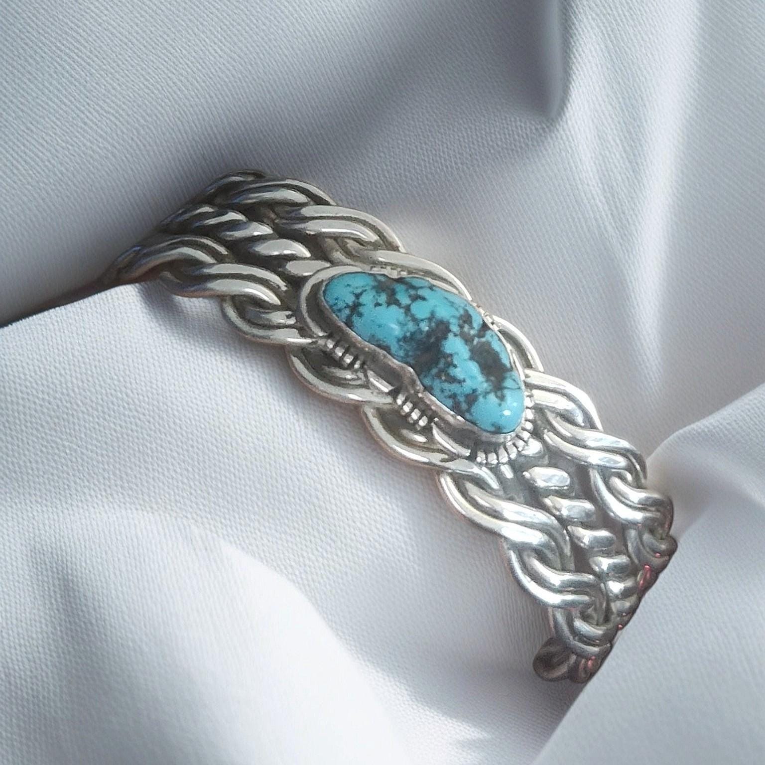 Silver & Kingman Turquoise Navajo Handmade Bracelet by