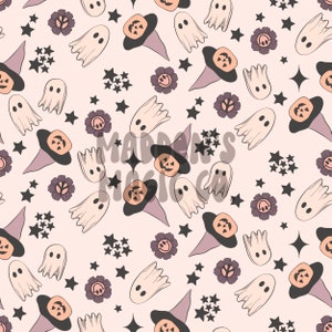 Halloween Seamless Pattern, Boho Ghosts, Pumpkin