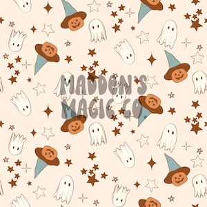 Halloween Seamless Pattern, Boho Ghosts, Pumpkin