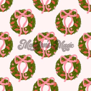 Kokette Weihnachtskranz-Nahtlose Datei, rosa Schleifen-Feiertags-Druck für Stoffdruck, digitaler Download, nahtloses Sublimationsdesign