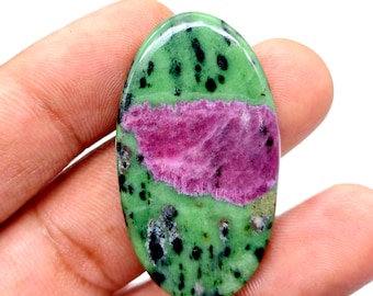 Handcrafted Oval Ruby Zoisite Gemstone Cabochon: Polished Stone (46x25x5mm, 74 CT)