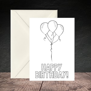PRINTABLE Happy Birthday Coloring Card, Balloons Birthday Card, Birthday Card For Kids, PDF, DIY, Print & Color, Color Your Own Card