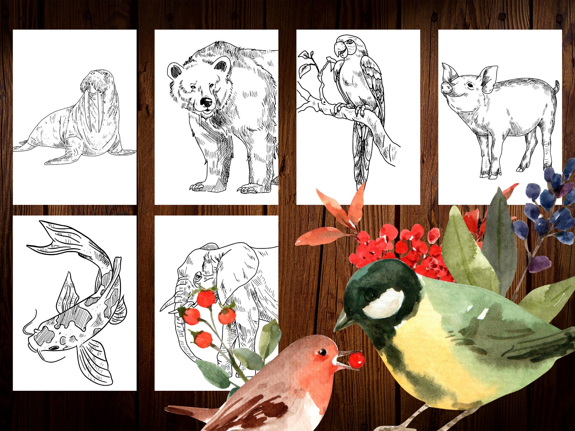 Animal Coloring Book, PDF Printable, 30 Pages, Forest and Savannah Animals, Digital Adult ...