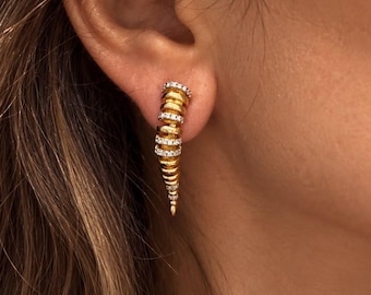 Zircon Sculptural Earrings, Gold Statement Unique Stud Earrings