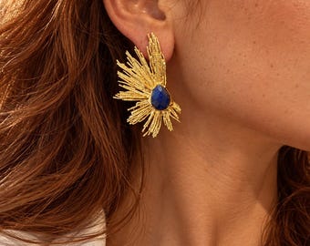 Natural Stone Gold Statement Earrings, Lapis & Tiger’s Eye