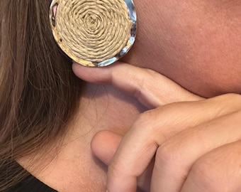 Round Woven Earrings: Natural Jute, Silver Tone Metal – Statement Dangle Jewelry