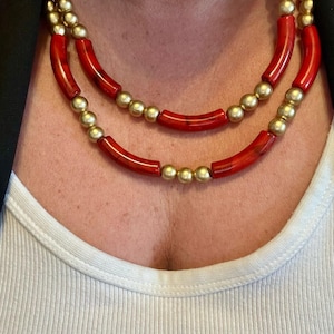 Bold Red and Gold Tone Beaded Necklace, Double Strand Statement Jewelry, Vintage Inspired Necklace – Bold Statement Piece