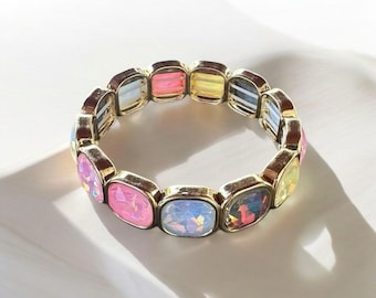Multicolor and Brown Rhinestones Square Cushion Cut Bracelets, Georgian Style Stretch Crystal Bracelet, Statement Jewelry