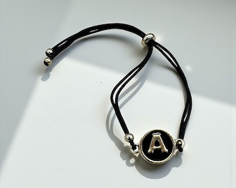 Adjustable Black Cord Initial Bracelet – Letter A Charm Accessory