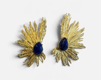 Gold Sunburst Earrings with Lapis & Tiger’s Eye, Anti-Tarnish Jewelry