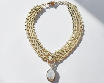 Luxury Gold Choker Necklace, Chunky Gold Collar with Crystal Pendant