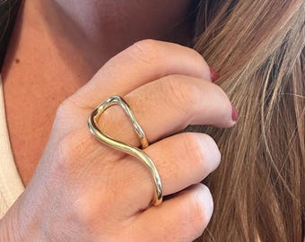 Gold Plated Two-Finger Ring, Modern Statement Ring, Sculptural Jewelry