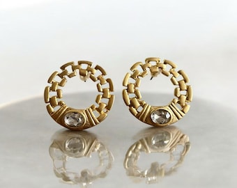 Orecchini geometrici circolari in oro, orecchini Art Déco con accenti di cristallo