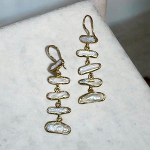 Unique Gold Tone and Pearl Multi-Dangle Earrings, Minimalist Statement Jewelry, Gold-Plated Pearl Dangle Earrings, Bridal or Everyday Wear