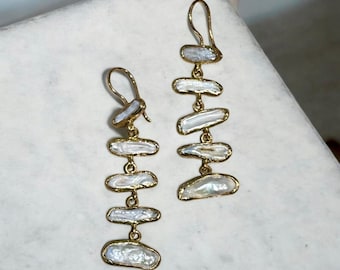 Unique Gold Tone and Pearl Multi-Dangle Earrings, Minimalist Statement Jewelry, Gold-Plated Pearl Dangle Earrings, Bridal or Everyday Wear