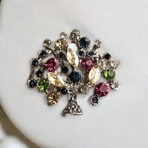 Vintage Style Tree of Life Brooch: Multicolor Rhinestone Statement Pin