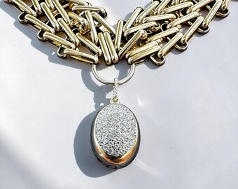 Chunky Gold Collar with Crystal Pendant, Luxury Gold Choker Necklace
