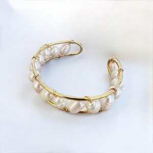 Elegant Gold Tone and Pearl Cuff Bracelet - Minimalist Statement Piece, Gold Plated Wire Wrapped Adjustable Pearl Bracelet – Bridal Jewelry