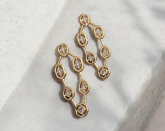 Gold Plated Geometric Drop Earrings, Crystal Accent Statement Jewelry, Elegant Gold Tone Earrings, Teardrop and Hexagonal Design
