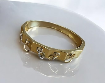 Gold-Plated Bracelet with Silver & Gold Dangling Rings, Bold Geometric Modern Statement Bangle