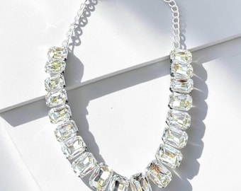 Emerald Cut Collar Necklace, Crystal Statement Jewelry, Silver Chain