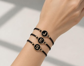 Initial Letter Bracelet, Black Cord, Gold Accent, Everyday Jewelry
