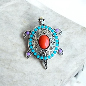 Colorful Turtle Brooch, Boho Pin with Turquoise, Coral & Purple Accents