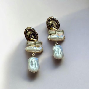 Gold and Faux Pearl Drop Earrings, Modern Gold and Pearl-Inspired Earrings, Statement Gold and Pearl Dangle Earrings