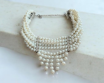 Elegant Pearl Choker, Wedding Jewelry, Multi Strand Pearl Necklace for Brides, Statement Bridal Accessory