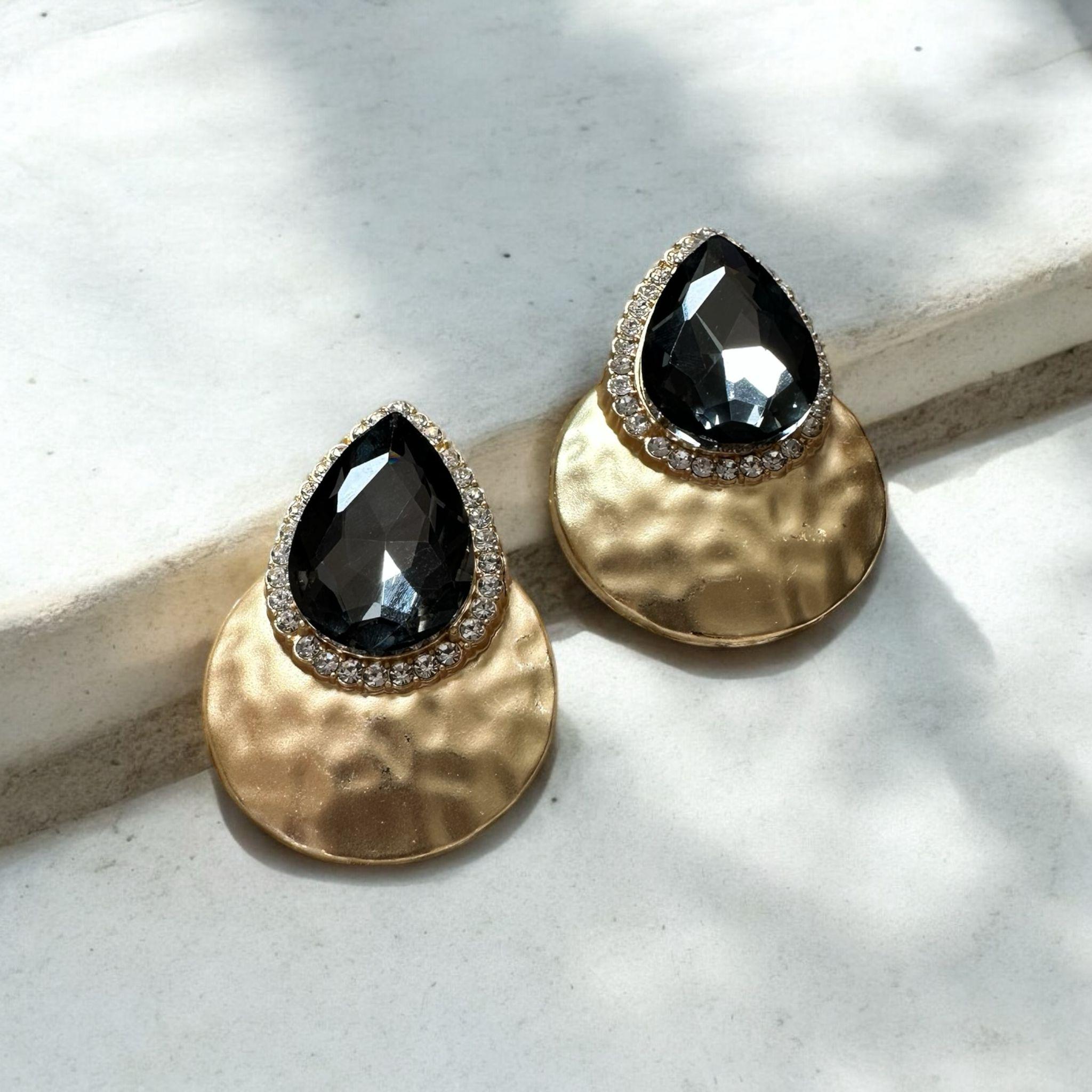 Bold Teardrop Statement Earrings, Glam Gold Studs in Dark Gray, Blue, Red, Elegant Evening Earrings