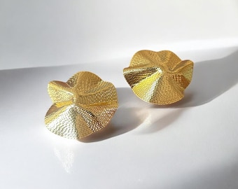 Bold Gold-Plated Sculptural Statement Earrings, Lightweight Textured Folded Brass Earrings, Modern Artistic Folded Metal Earrings
