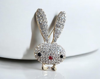 Sparkling Bunny Brooch with Crystals, Crystal Bunny Pin, Cute and Elegant, Gold Tone Rabbit Brooch, Adorable Design with Rhinestones