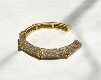 Elegant Silver and Gold Tone Pave Cuff Bracelet, Sparkling Crystal Bangle, Luxury Bangle, Rhinestone Cuff, Bridal Jewelry